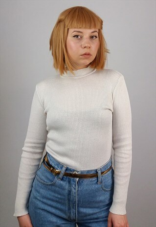 VINTAGE 80'S MOCK TURTLENECK / HIGH NECK RIBBED JUMPER