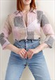 VINTAGE Y2K SQUARE PATTERN PINK CRINKLE 3/4 SLEEVE BLOUSE M