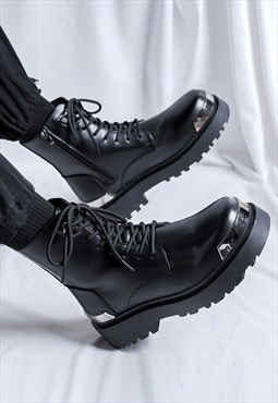 Metal plated ankle boots lace up tractor sole catwalk shoes