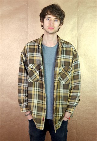 90S VINTAGE BROWN CHECKED PADDED SHIRT JACKET