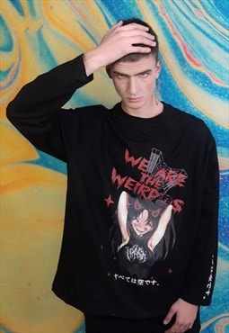 Anime print sweatshirt weird slogan Gothic thin top in black