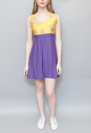 VINTAGE 1990'S YELLOW & PURPLE 'VERSACE' PRINT MINI DRESS
