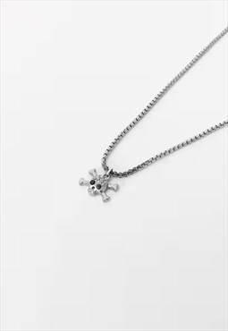 54 Floral Skull & Crossbones Pendant Necklace Chain - Silver