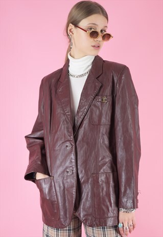 VINTAGE 90S LEATHER JACKET TRENCH COAT IN MAROON W BUTTONS