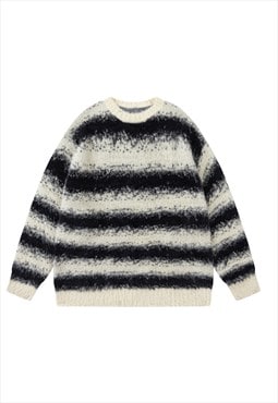 Striped sweater fuzzy jumper knit zebra retro top black 