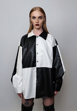 Faux leather shirt color block top contrast pattern blouse