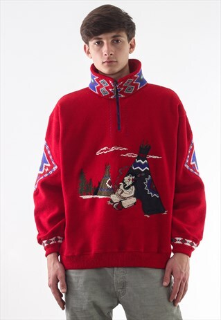 VINTAGE INDIAN GRAPHIC POLARTEC PULLOVER JACKET 90S RED