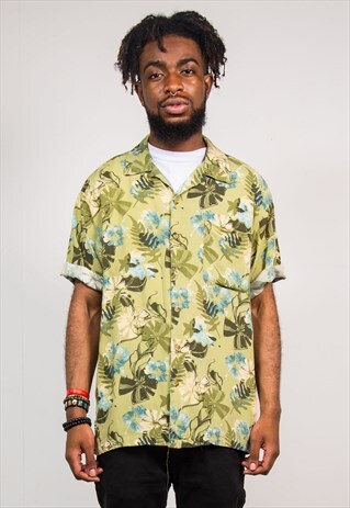 VINTAGE 90'S HAWAIIAN GREEN PATTERNED SHIRT