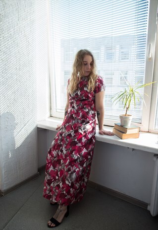 VINTAGE 60'S PINK/GREY ABSTRACT MAXI SHORT SLEEVED DRESS