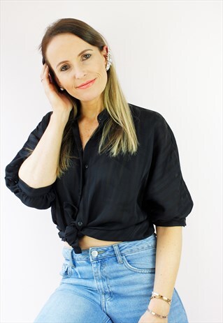 VINTAGE 80'S RETRO BLACK STRIPED SHORT SLEEVE SHIRT BLOUSE