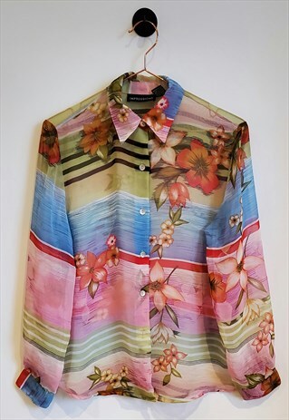 VINTAGE 90S SHEER FLORAL AND STRIPED LONG SLEEVE SHIRT 10-12
