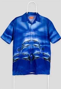 Vintage Reefer Blue Dolphin Shirt Summer Hawaiian Medium