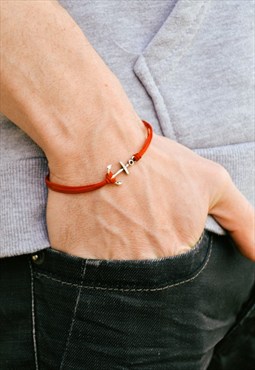 Silver anchor charm bracelet for men red cord gift for him