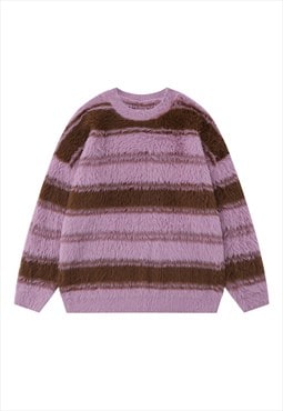 Striped sweater fluffy knitted jumper soft fleece in pink