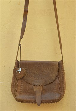 Pale Brown Real Leather Tooled Cross Body Shoulder Bag