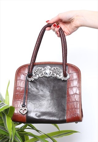VINTAGE 80S BROWN BLACK LEATHER CROC HANDBAG BAG