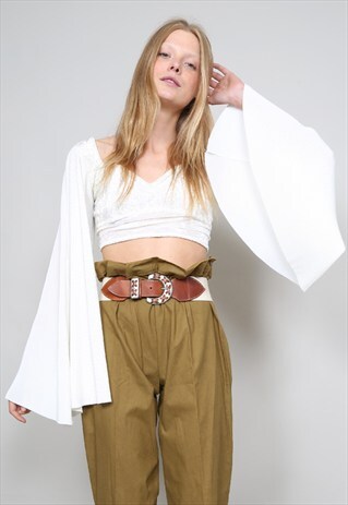 VINTAGE 90'S PLISSE FLARED SLEEVE CREAM VELVET CROP TOP