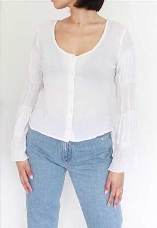 Y2K WHITE FLOATY SUMMER RIBBED LONG SLEEVES TOP
