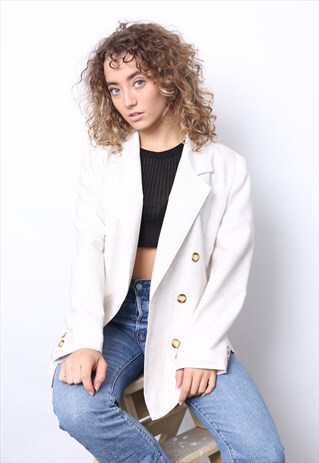 VINTAGE 90S CREAM LINEN DOUBLE BREASTED BLAZER JACKET