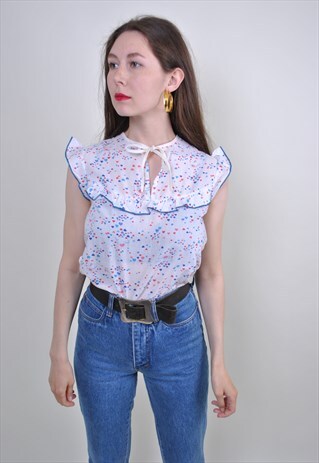 VINTAGE FLOWERS WHITE BLOUSE, 90S LACE SLEEVELS SUMMER TOP
