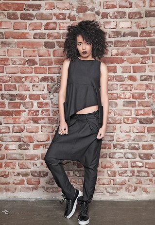 BLACK DROP CROTCH PANTS / HAREM BLACK PANTS WITH POCKET