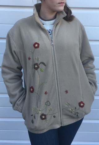 WOMENS VINTAGE 80S BEIGE FLORAL EMBROIDERED FLEECE JACKET