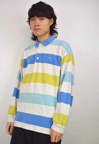 VINTAGE 90S LACOSTE WHITE BLUE AND GREEN STRIPPED POLO SHIRT