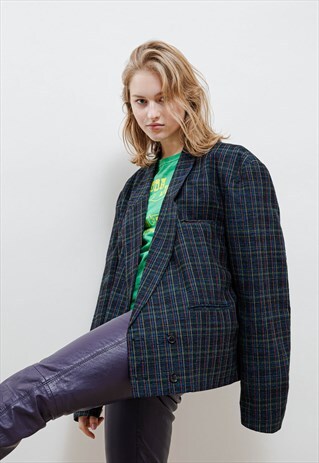 VINTAGE 80S BOXY CHECK DOUBLE BREASTED BOYFRIEND BLAZER L