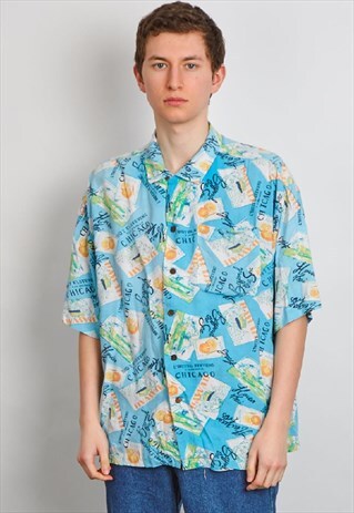 VINTAGE 80'S BLUE HAWAIIAN PRINT SHIRT