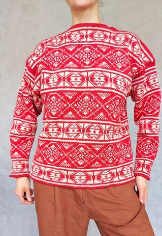 VINTAGE RED WHITE CHRISTMAS SNOWFLAKE SWEATER, SMALL TO MEDI