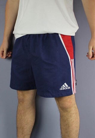 VINTAGE ADIDAS SHORTS IN NAVY WITH POCKETS, EMBROIDERED LOGO