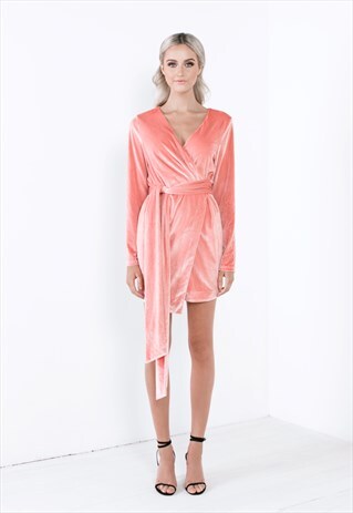 VELVET MINI DRESS IN PINK WITH TIE