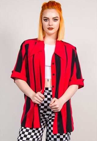 VINTAGE 90'S RED BLACK STRIPED SHORT SLEEVE SHIRT