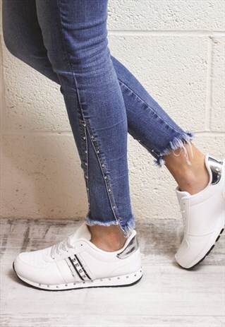 WHITE STUDDED TRIM LACE UP TRAINER