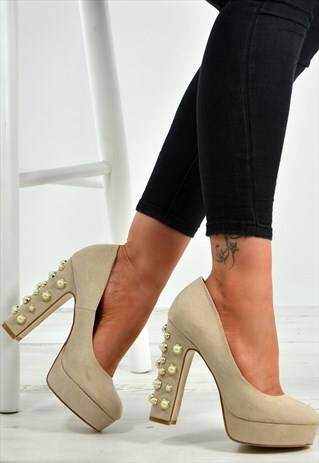 NUDE SUEDE PEARL BLOCK HEEL PLATFORMS COURT PUMPS SHOES