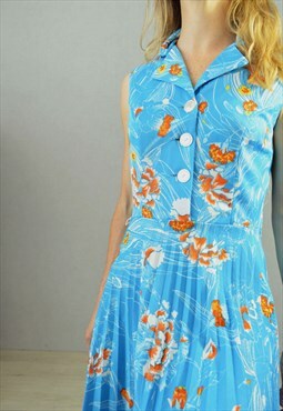 Vintage 1970s Patterned Dress Hawaiian Turquoise Blue