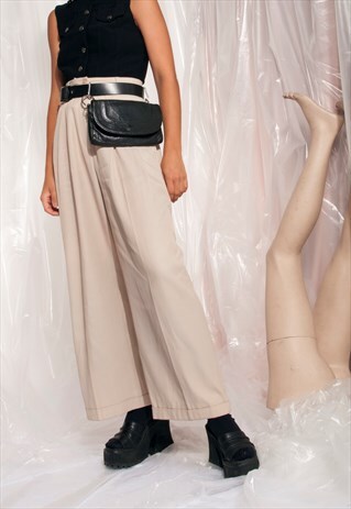 VINTAGE WIDE-LEG TROUSERS 90S 90'S BEIGE FLARE PALAZZO PANTS