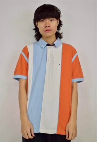 VINTAGE 90S TOMMY HILFIGER BLUE/ORANGE POLO SHIRT