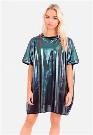 OVERSIZED METALLIC HOLOGRAPHIC T-SHIRT TOP
