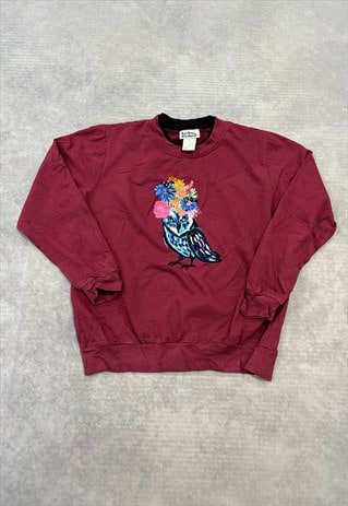 Vintage Sweatshirt Embroidered Owl Flowers Patterned Jumper