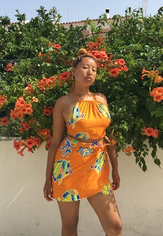 ORANGE SARONG FISH PRINT TOP AND WRAP SKIRT