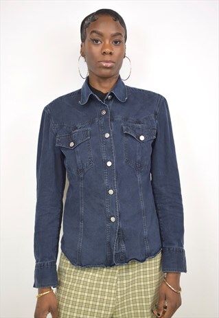 VINTAGE 90S VERSACE NAVY BUTTON UP SHIRT