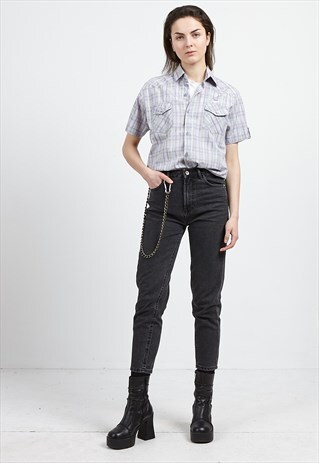 VINTAGE GREY PURPLE LACOSTE SHORT SLEEVE CHECKERED SHIRT