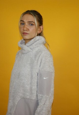 VINTAGE Y2K NIKE SUPER FLUFFY HOODIE JUMPER CREAM MEDIUM