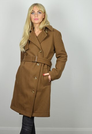 VINTAGE 90S LONG WOOL CAMEL BROWN TRENCH COAT