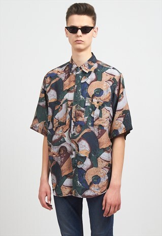 VINTAGE GREEN BROWN MOB SHORT SLEEVE SILK SHIRT