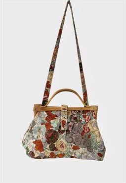 80's Ladies Vintage Floral Fabric Bamboo Shoulder Bag