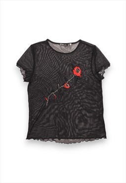 Black embroidered rose mesh top
