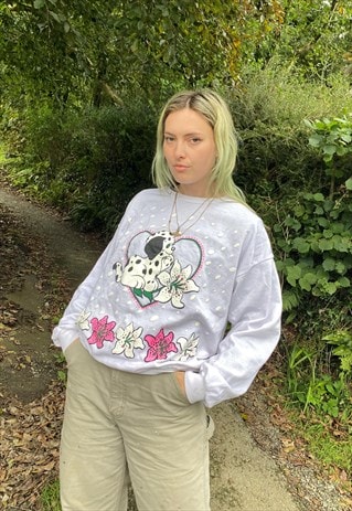 VINTAGE SIZE L COTTAGECORE PUPPY SWEATSHIRT IN WHITE