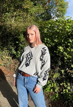 Vintage Chunky Knitted Abstract Patterned Grandad Jumper